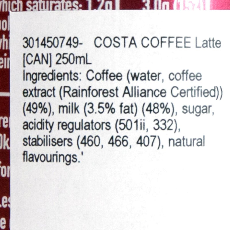 COSTA COFFEE Latte - Coffee Drink with Milk [Can]  (250mL)