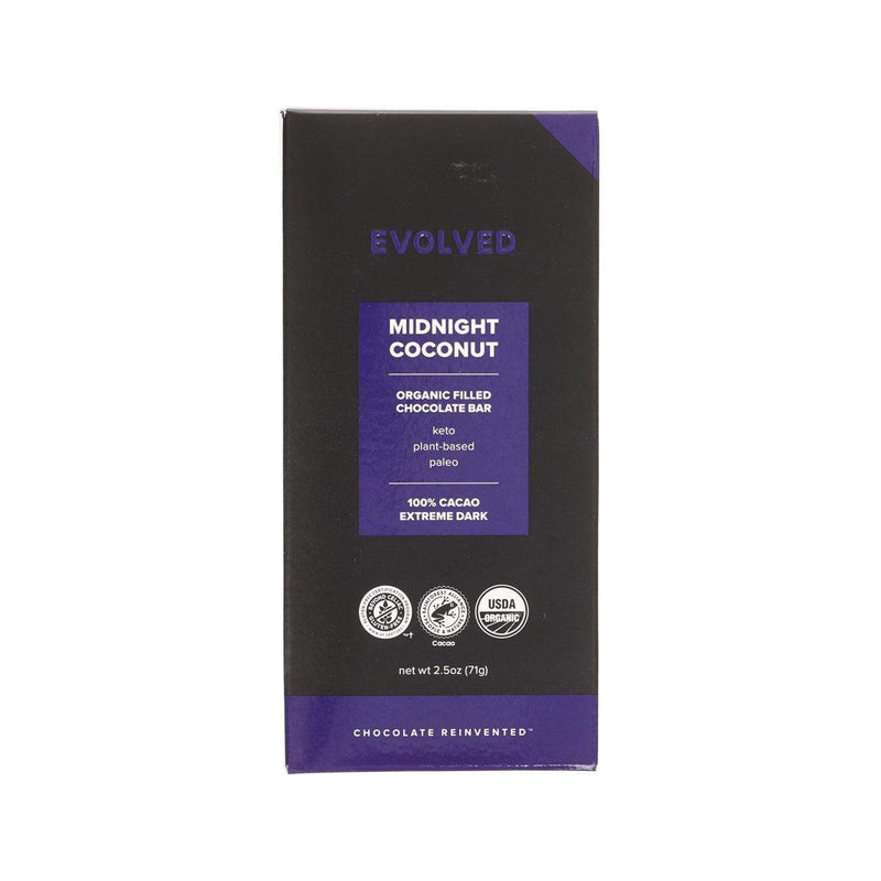 EVOLVED Organic Midnight Coconut 100% Cacao Dark Chocolate Bar  (71g)