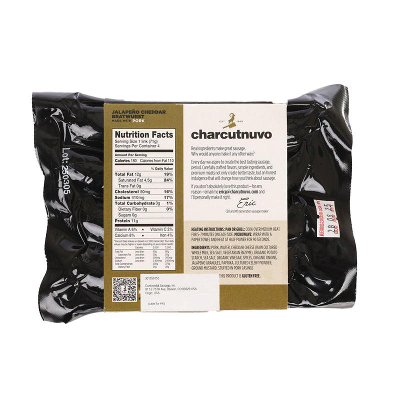 CHARCUTNUVO Jalapeno Cheddar Bratwurst Sausage  (10oz)