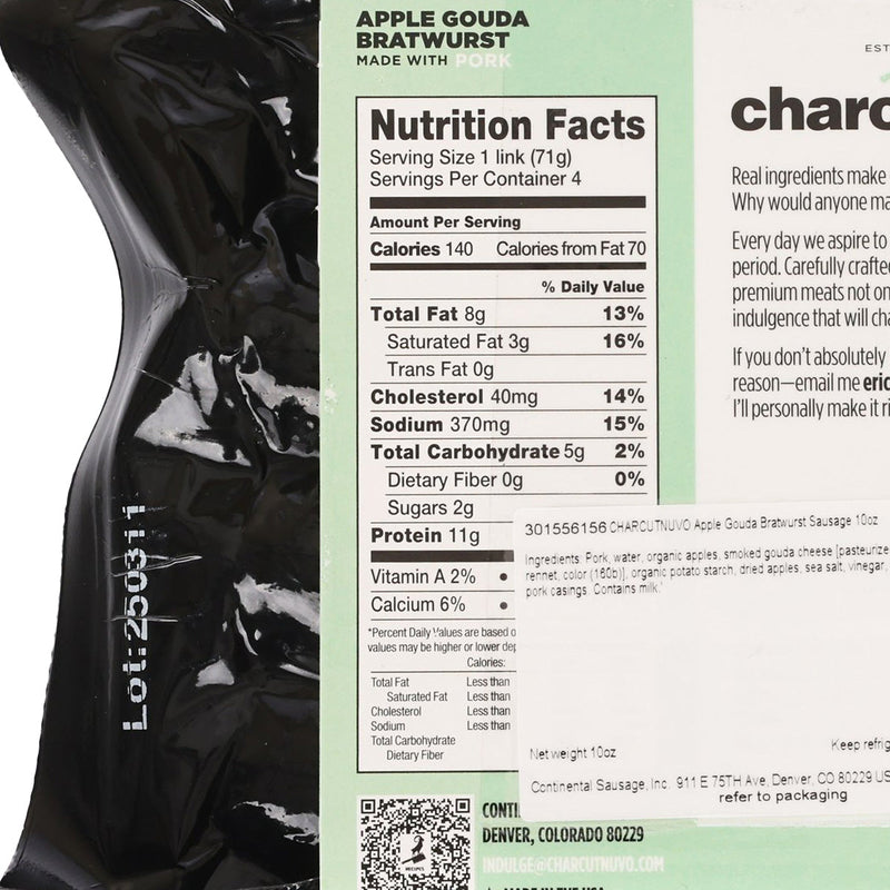 CHARCUTNUVO Apple Gouda Bratwurst Sausage  (10oz)