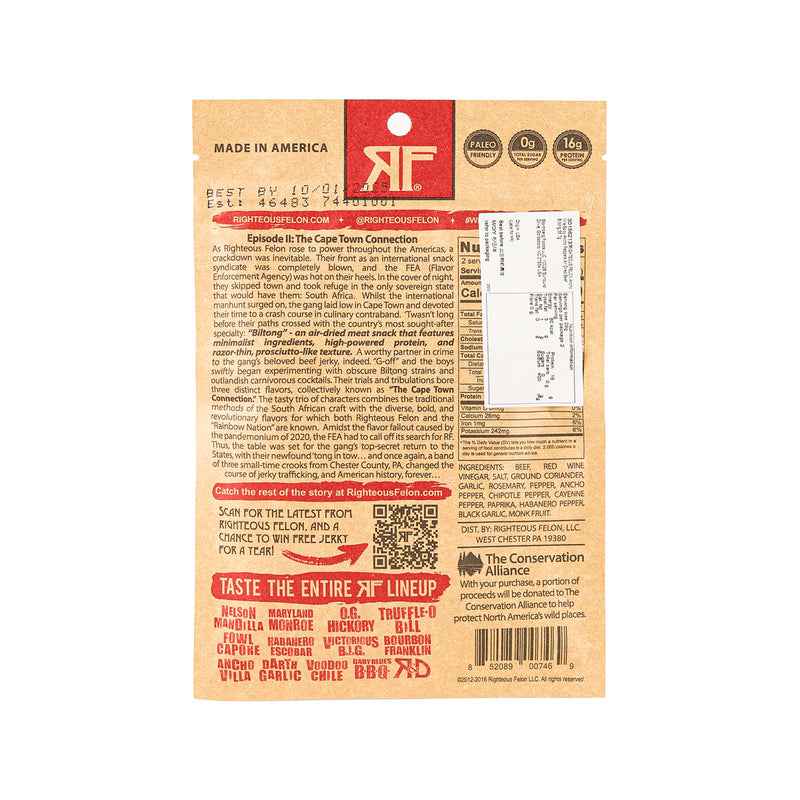 RIGHTEOUS FELON Ancho Villa Spicy Ancho Peppers Air Dried Beef Biltong  (56.7g)