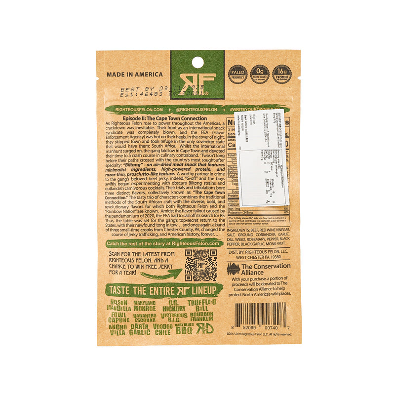 RIGHTEOUS FELON Nelson Mandilla Cracked Pepper & Dill Air Dried Beef Biltong  (56.7g)