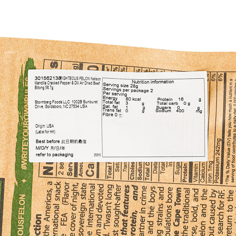 RIGHTEOUS FELON Nelson Mandilla Cracked Pepper & Dill Air Dried Beef Biltong  (56.7g)