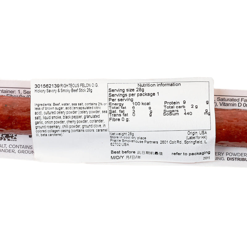 RIGHTEOUS FELON O.G. Hickory Savory & Smoky Beef Stick  (28g)