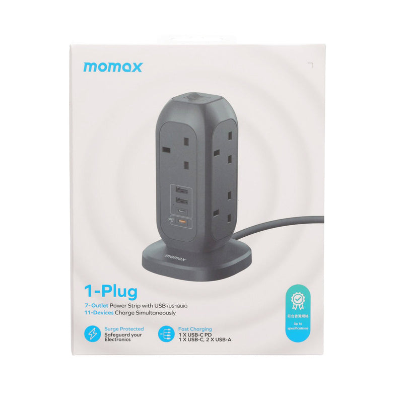 MOMAX ONEPLUG 7-Outlet Power Strip with USB - Space Grey