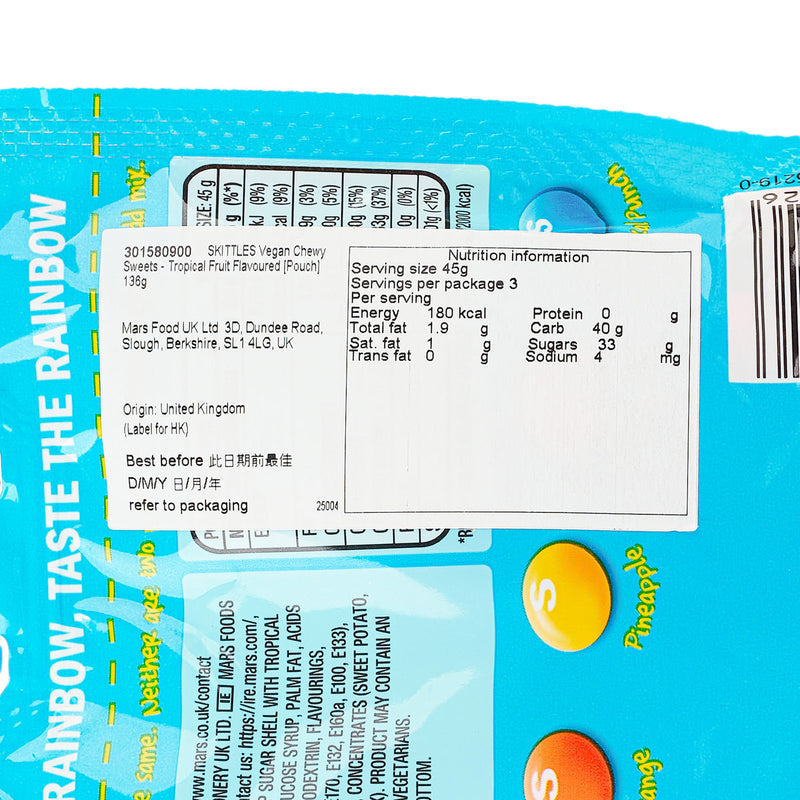 SKITTLES Vegan Chewy Sweets - Tropical Fruit Flavoured [Pouch]  (136g)
