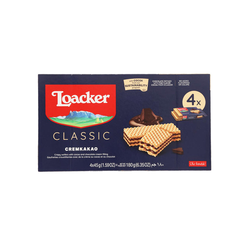 LOACKER Crispy Wafers Filled with Cocoa and Chocolate Cream Filling  (4 x 45g)