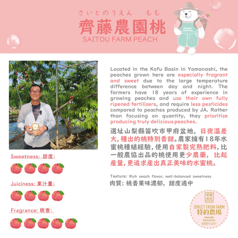 Japan Yamanashi Saito Farm Rare Peach 10’s  (1pc)